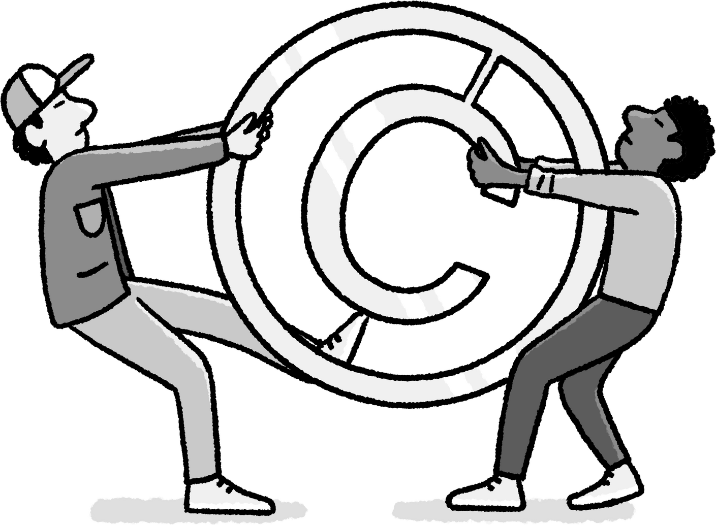 illustration of two men fighting over a large copyright symbol